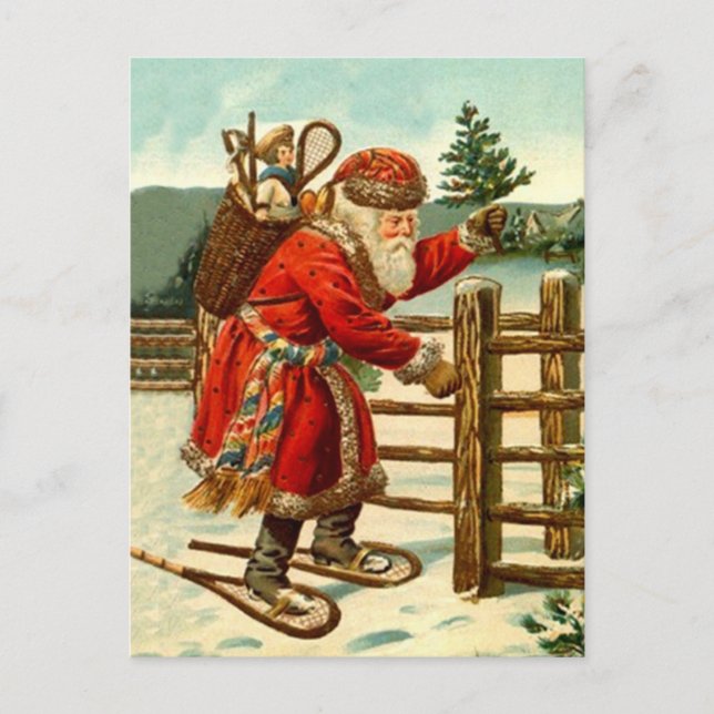 Vintager Schneeschuhwald von Santa Trekking Feiertagspostkarte (Vorderseite)