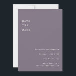 Vintager Schriftart für Schreibmaschine Minimalist Save The Date<br><div class="desc">Teilen Sie Ihre Hochzeitsdaten mit Vintag inspiriert Charme mit dieser Save the Date minimalistischen Karte. Diese Karte ist mit einem lila Hintergrund und einem Text im Schreibstil gestaltet und eignet sich ideal für Paare, die feine Details und eine Retro-Einfachheit schätzen. Ideal für buchstäbliche Hochzeiten, moderne minimalistische Veranstaltungen oder feierliche Feste....</div>