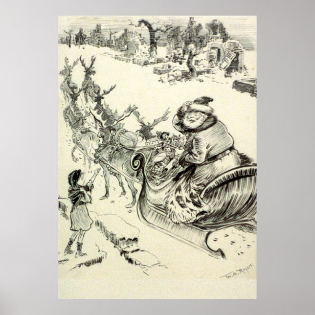 Vintager Schwarz-Weiß-Weihnachtsmann kommt in die  Poster (Vorne)