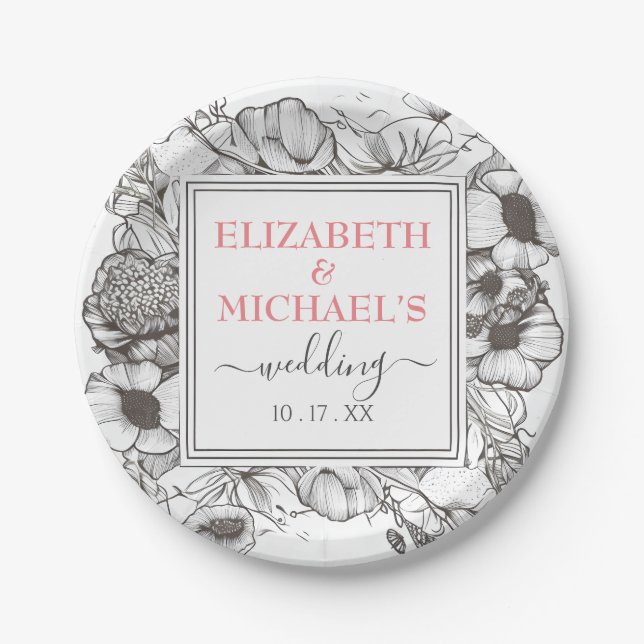Vintager Schwarz-weißer Blumenrahmen Pappteller (Vorderseite)