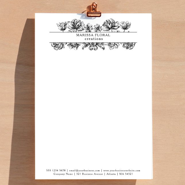 Vintager Schwarz-weißer Florist Botanischer Blume  Briefbogen (Vintage Black White Florist Botanical Flower Shop Letterhead)
