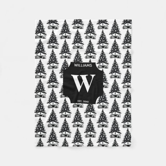 Vintager Schwarz-weißer Weihnachtsbaum Mit Monogra Fleecedecke (Vorderseite)