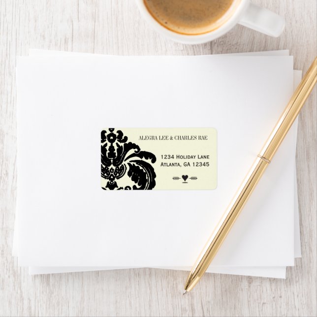 Vintager SchwarzDamast-Hochzeitskabel Adressaufkleber (Insitu)