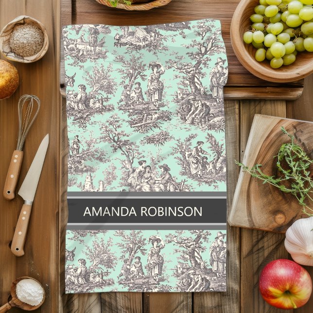 Vintager schwarzer Pfefferminztoil de jouy Geschirrtuch (Von Creator hochgeladen)