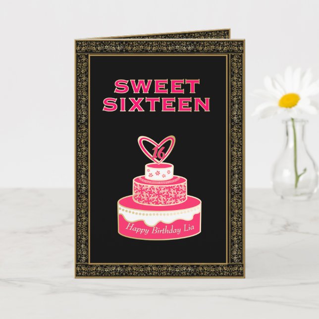 Vintager Schwarzer Rosa Goldkuchen 16 . Geburtstag Karte (Kleine Pflanze)