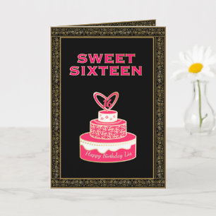 Vintager Schwarzer Rosa Goldkuchen 16 . Geburtstag Karte