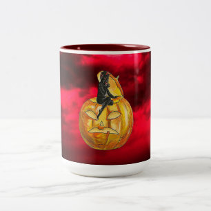 Vintager Schwarzer Teufel auf Jack o' Lantern & Re Zweifarbige Tasse
