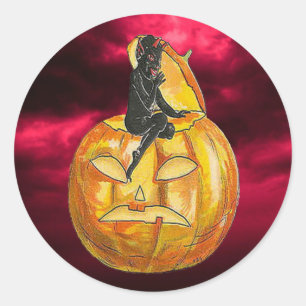 Vintager Schwarzer Teufel auf Jack o' Lantern Runder Aufkleber
