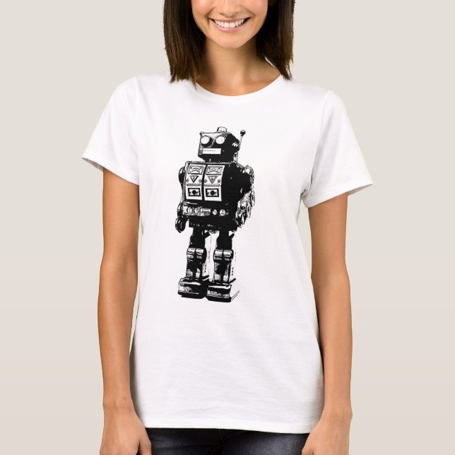 Vintager Schwarzweiss-Roboter T-Shirt (Vorderseite)