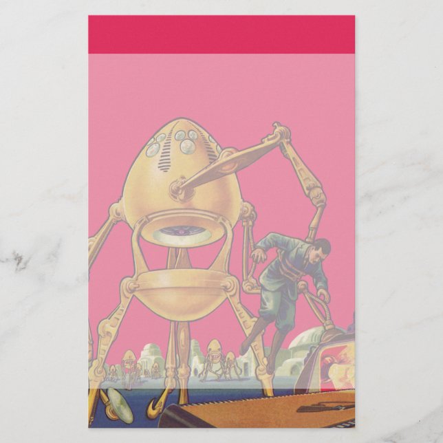 Vintager Science Fiction-alien-Roboter nimmt Mann Briefpapier (Vorderseite)