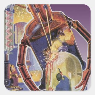 Vintager Science Fiction-Roboter mit Laser-Beam-Au Quadratischer Aufkleber