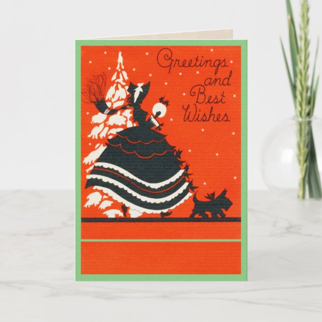 Vintager Scottie-Hund und Dame Feiertagskarte (Vorderseite)