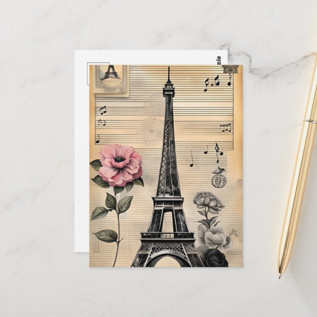 Vintager Sepia Eiffelturm und rosa Blume Postkarte (Vorderseite/Rückseite Beispiel)