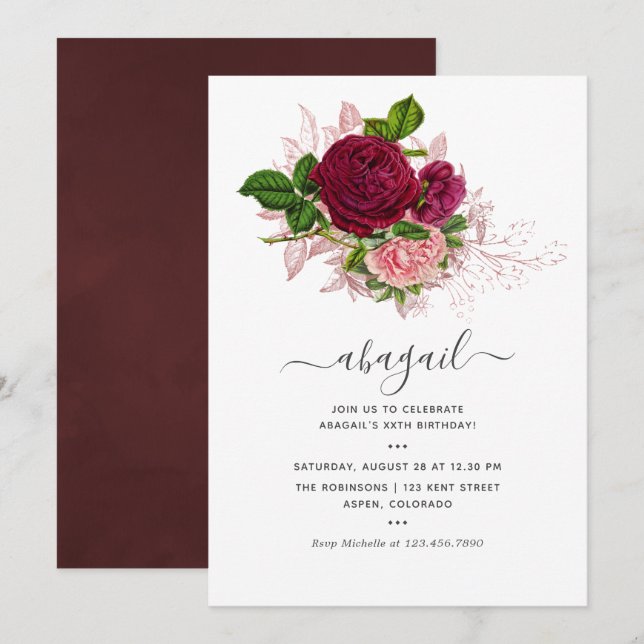Vintager Shabby-Chic Blush und Burgund Geburtstag Einladung (Vorne/Hinten)