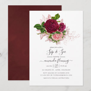 Vintager Shabby-Chic-Roush und Burgund Sip and See Einladung