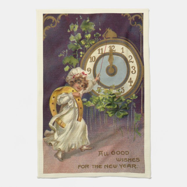 Vintager Silvester Irish Lass Clock um Mitternacht Geschirrtuch (Vertikal)