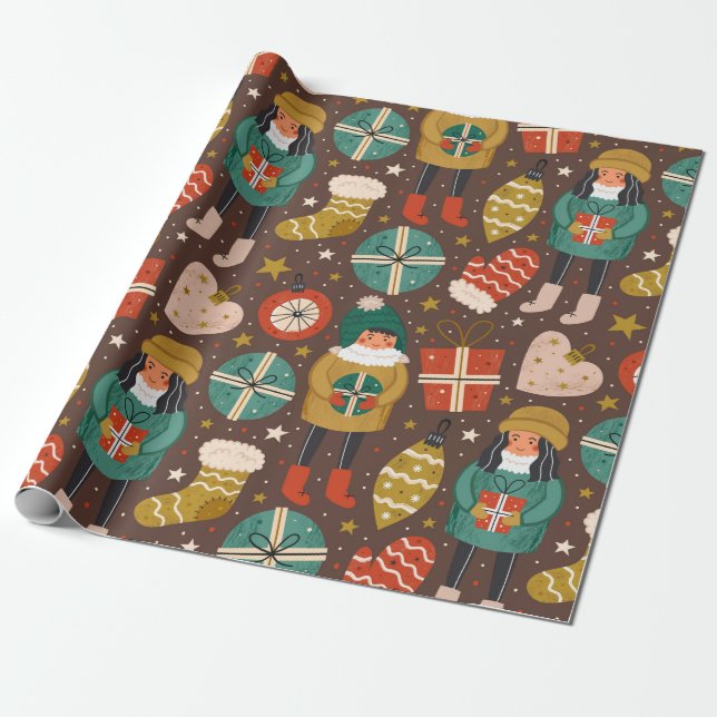 Vintager skandinavischer Weihnachtsurlaub Geschenkpapier (Ungerollt)