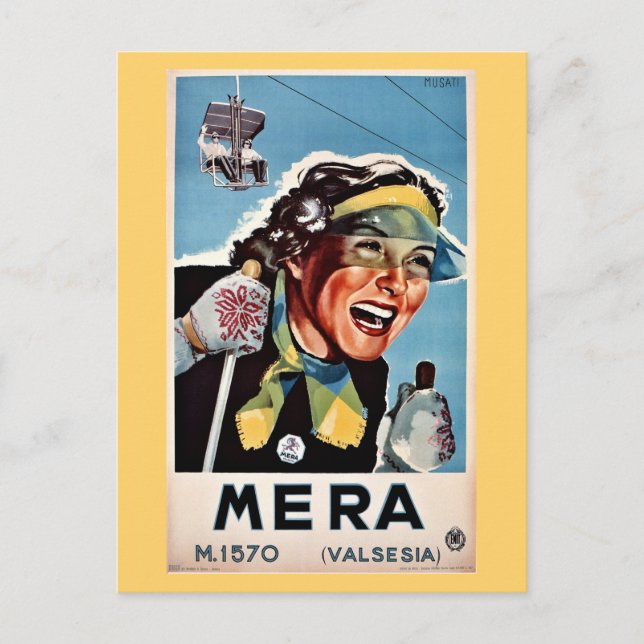 Vintager Ski Mera Valsesia Italienisches Reiseplak Postkarte (Vorderseite)