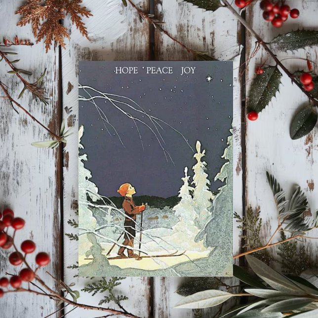 Vintager Skitochter Admiring der Weihnachtsstern Feiertagskarte (Von Creator hochgeladen)