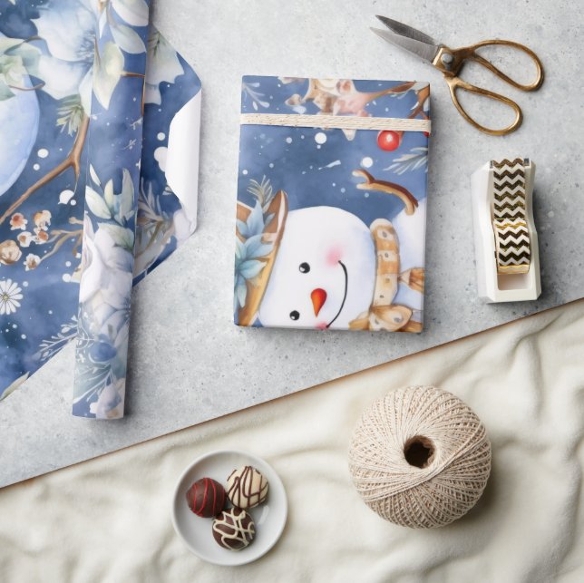 Vintager Snowman & Christmas Florals Geschenkpapier (Kunsthandwerk)