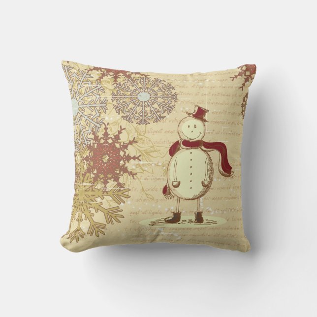 Vintager Snowman und Schneeflocken Kissen (Vorderseite)