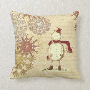 Vintager Snowman und Schneeflocken Kissen