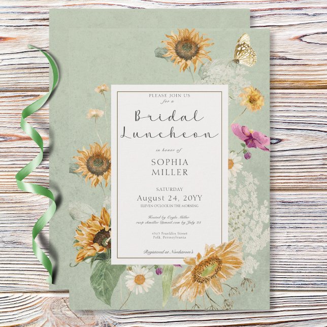 Vintager Sommer Sonnenblume Grüne Bridal Mittagess Einladung (Vintage Summer Sunflower Green Bridal Luncheon Invitation)