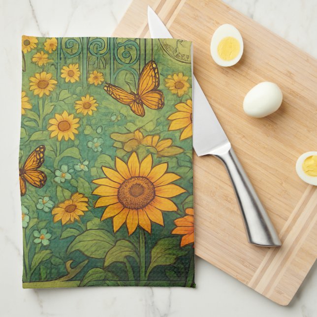 Vintager Sonnenblumengarten Schmetterlinge im Juge Geschirrtuch (Viertel Falte)