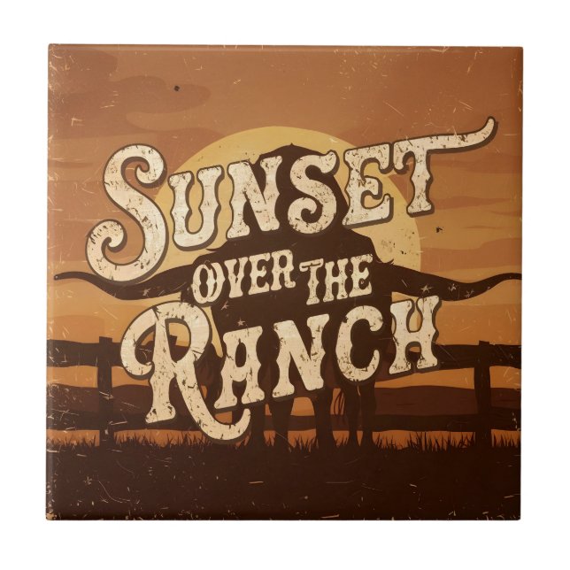 Vintager Sonnenuntergang über der Ranch Fliese (Vorderseite)