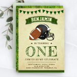Vintager Sportfußball 1. Geburtstag Party Einladung<br><div class="desc">Erleben Sie die coole Geburtstagsfeier mit einem amerikanischen Fußball und einem Sporthelm mit lebendiger Typografie vor einem rustikalen Pergament-Hintergrund. Fügen Sie einfach Ihre Veranstaltungsdetails zu dieser einfach zu bedienenden Vorlage hinzu, um sie zu einer einmaligen Einladung zu machen. Dreh die Karte auf, um eine schöne grüne Grasstruktur auf der Kartenrückseite...</div>