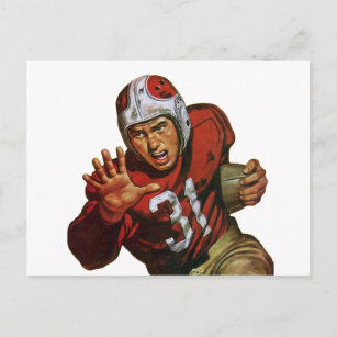 Vintager Sportfußball-Spieler, der auf der Rücksei Postkarte