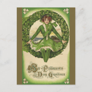 Vintager St. Patrick's Day, irisches Lass in einem Postkarte