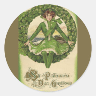 Vintager St. Patrick's Day, Wreath mit Irish Lass Runder Aufkleber