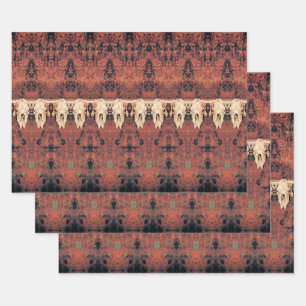 Vintager Stammemuster Rost Orange Bullkuhschädel Geschenkpapier Set