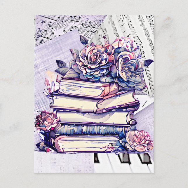 Vintager Stapel von Büchern und Rose Postkarte (Vorderseite)
