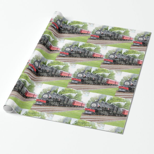 Vintager Steam-Motor-Train Rotes Muster Geschenkpapier (Ungerollt)