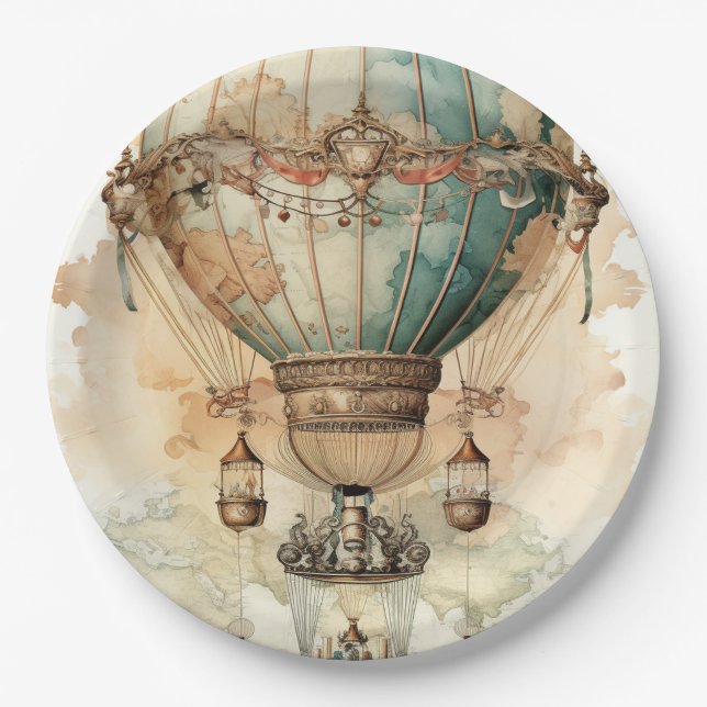 Vintager Steampunk Blue Hot Air Ballon (2) Pappteller (Vorderseite)