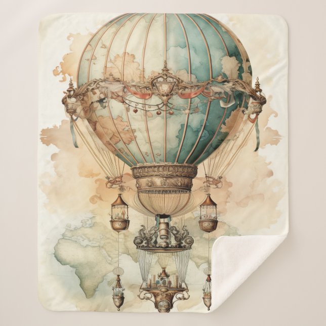 Vintager Steampunk Blue Hot Air Ballon (2) Sherpadecke (Vorderseite)