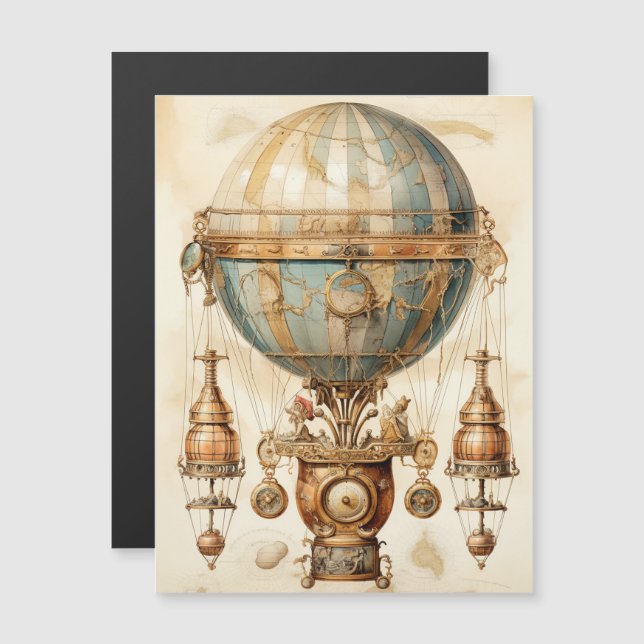 Vintager Steampunk Blue Hot Air Ballon (3) Magnetkarte (Vorne/Hinten)
