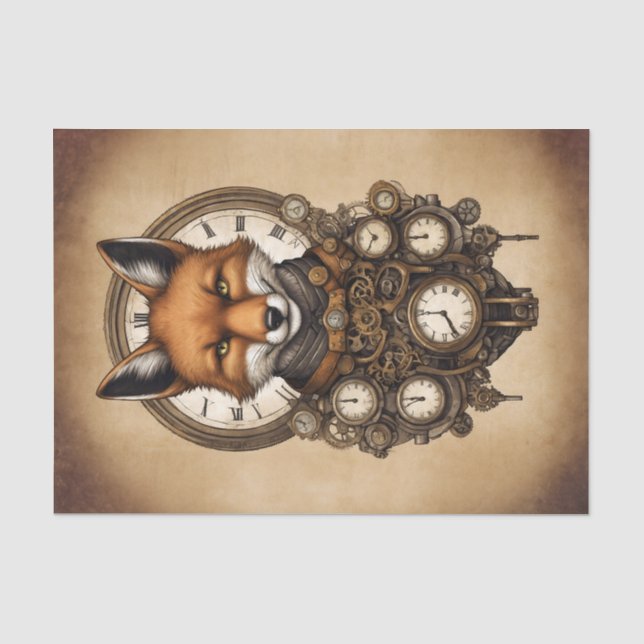 Vintager Steampunk-Fox mit Uhren Seidenpapier (Vorderseite)