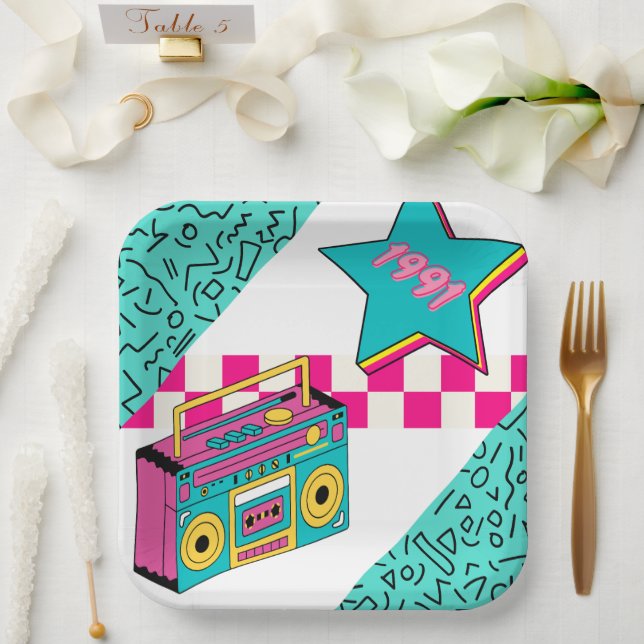 Vintager Stil 1991 Stereo Pappteller (Hochzeit)