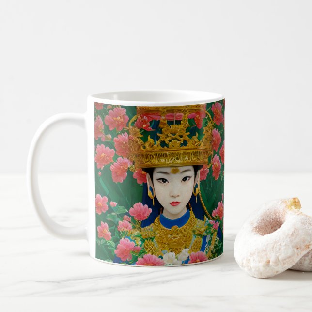 Vintager Stil Abstraktes Asiatisches Mädchen mit B Kaffeetasse (Mit Donut)