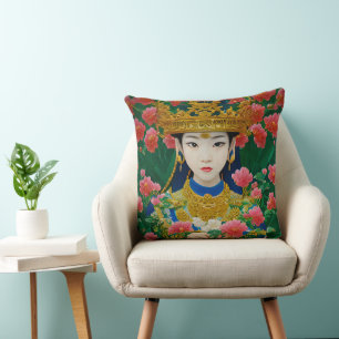 Vintager Stil Abstraktes Asiatisches Mädchen mit B Kissen