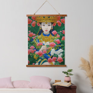 Vintager Stil Abstraktes Asiatisches Mädchen mit B Wandteppich Mit Holzrahmen