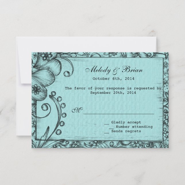 Vintager Stil Aqua Blues Hochzeit RSVP (Vorderseite)