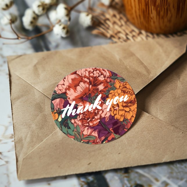 Vintager Stil Blumendanke Runder Aufkleber (Delicate and colorful floral thank you sticker.)