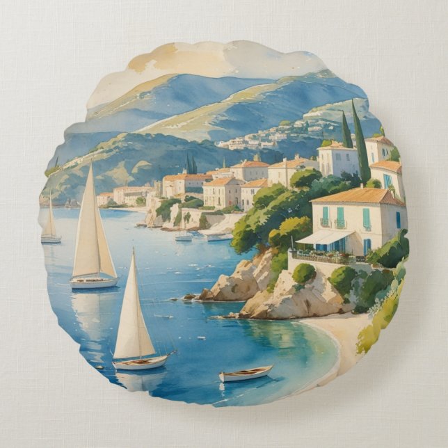 Vintager Stil Cote D'Azur Rundes Kissen (Vorderseite)