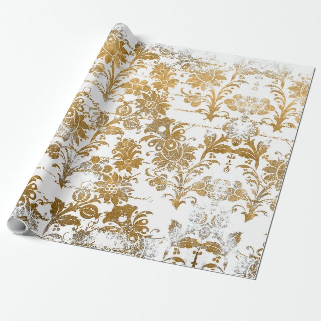 Vintager Stil Grunge Gold Damask Blumenmuster Geschenkpapier (Ungerollt)