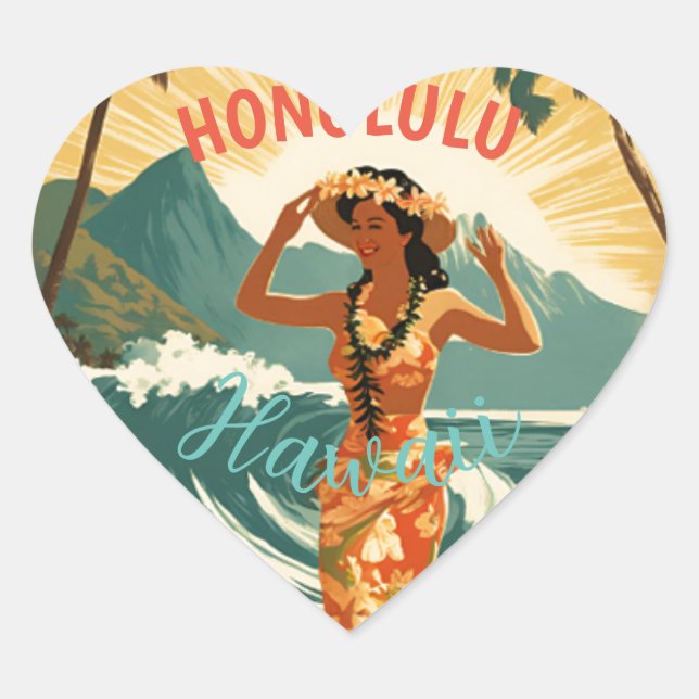 Vintager Stil Hawaiian Travel Honolulu Mittelpazif Herz-Aufkleber (Vorderseite)
