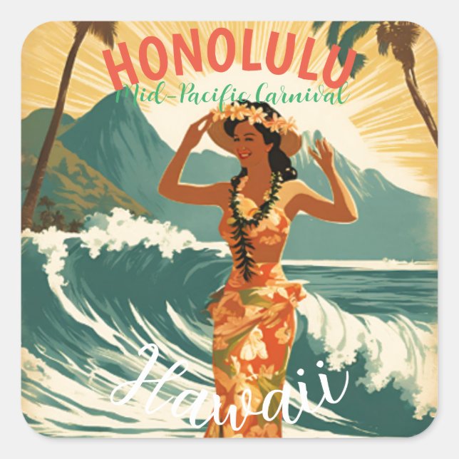 Vintager Stil Hawaiian Travel Honolulu Mittelpazif Quadratischer Aufkleber (Vorderseite)
